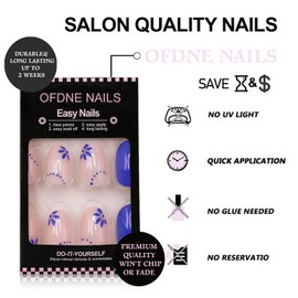 Short Almond Press on Nails OFDNE Cobalt Blue Fake Nails False Nails with Flower Designs Full Cover Stick on Nails Glossy Glue on Nails Acrylic Nails for Women Girls 24 Pcs