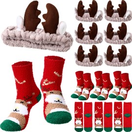Hoteam 12 pieces Christmas Antlers Headband Fuzzy Socks Deer Ear Headbands Elk Headband with Christmas Holiday Socks for Christmas Party Gifts, Washing Face Sleepover Party Supplies