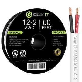 GearIT 12/2 Speaker Wire (50 Feet) 12AWG Gauge - in Wall Audio Speaker Wire Cable / CL2 Rated / 2 Conductors - OFC Oxygen-Free Copper, White 50ft