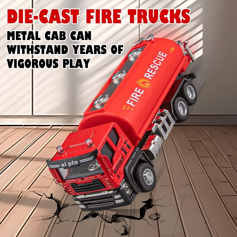 TAKGUD 4 Packs Metal Fire Trucks Playsets, Mini Friction Powered