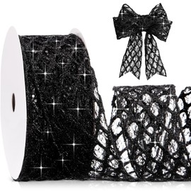 Geosar 20 Yards Black Glitter Mesh Wired Ribbon 2.5 Inch Christmas Decor
