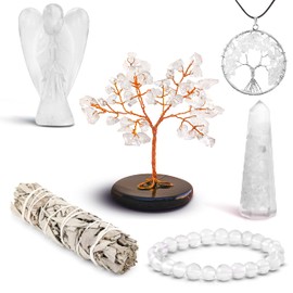 Healing Crystals Set Kit for Meditation Energy Crystals Chakra Stones Includes Crystal Tree Bracelet Pocket Angel WhiteSage Palo Santo Stick Tower Tree of life Pendant (Clear Quartz Combo 1)