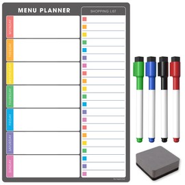 The Magnet Shop A4 Weekly Menu Planner - Dry Erase Meal Planner, Whiteboard and Shopping List for Your Home, Kitchen, Fridge and Family - with 4 Dry Wipe Pens and Eraser (Grey with Coloured Tabs, A3)