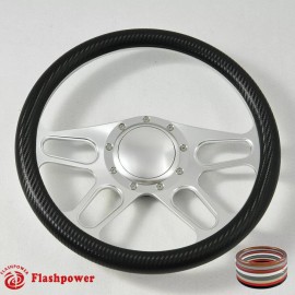 FLASHPOWER 14" Satin Billet Steering Wheel Carbon Vinylr Full Wrap Blazer GMC C10 W/Horn