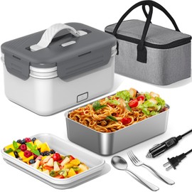 WisaKey Electric Lunch Box Food Heater, 1.8L Heated Lunch Box for Adults for Car Truck, 12V/24V/110V/220V Portable Food Warmer Lunch Box, 100W Heating Lunchbox for Work (White & Gray)…