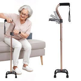 SILAIDESI Adjustable Walking Cane for Men & Women – 4-Pronged Base for Stability – Foldable Cane for Seniors with Foam Padded Offset Handle (Champagne)