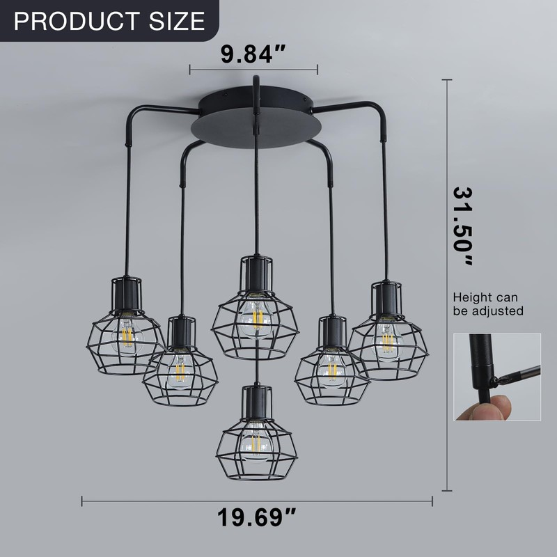 6-Light Pendant Light Fixtures, Industrial Farmhouse Hanging Lighting, Black Metal