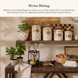 MACKENZIE-CHILDS Slotted Spoon, Silicone Turner for Cooking, Brown-and-White Mocha Check