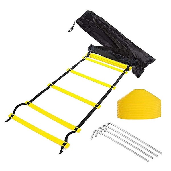 Tebery 12-Rung Adjustable Speed 20Ft AgilitTraining Ladder-Yellow,Orange(Random Color) + 10 Bonus Cones + 4 Stakes with Black Carry Bag