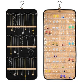 bssmmai Jewellery Organiser Hanging, Jewellery Storage Hanging Double-Sided Necklace Storage with 48 Pockets and 3 Metal Hooks, Chain Organiser Can Be Used on Wardrobe, Jewellery Holder Wall