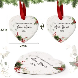 New Home Ornament 2024 First Christmas in New Home Ornament Housewarming Gifts New Home Ceramic Heart Shaped Christmas Ornament Holiday Holy Berry Design