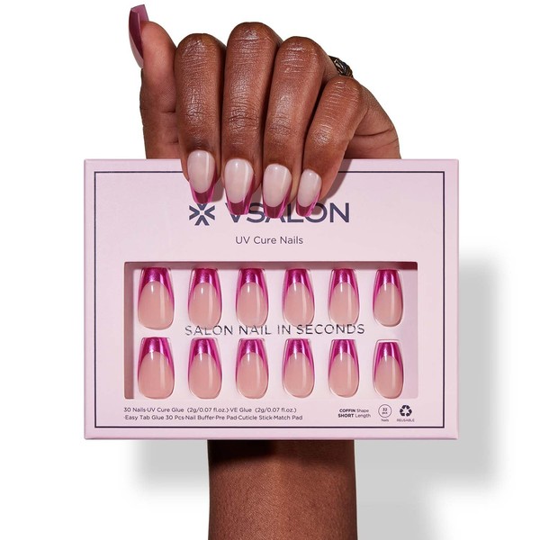 VSALON Press-On Nails - Short Coffin Pink Metallic French Tip