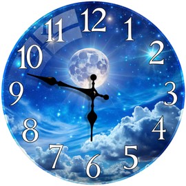 Britimes Round Blue Wall Clock Silent Non-Ticking Battery Operated Glass Decorative Outdoor Waterproof Clock 12 Inch, Moon Star Sky Home Decor for Living Room, Kitchen, Bathroom and Bedroom