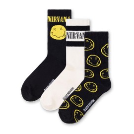Nirvana Herren-Wadensocken in Schwarz, Weiß und Gelb, 3er-Set | Klassisches Logo, 3er-Pack mit Smiling-Design | Socken für den Alltag | Musikband-Merchandise Merchandise