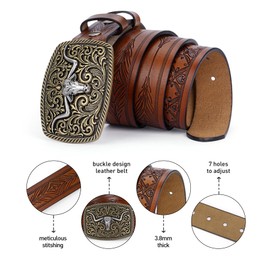 BISON DENIM Western Cowboy Leather Belt-Men's Belt Longhorn Cow Bucklehead Pattern Printed Belt Fits Jeans 31“ to 47” Waist
