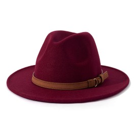 Lisianthus Men & Women Vintage Wide Brim Fedora Hat with Belt Buckle A-Wine 59-60cm