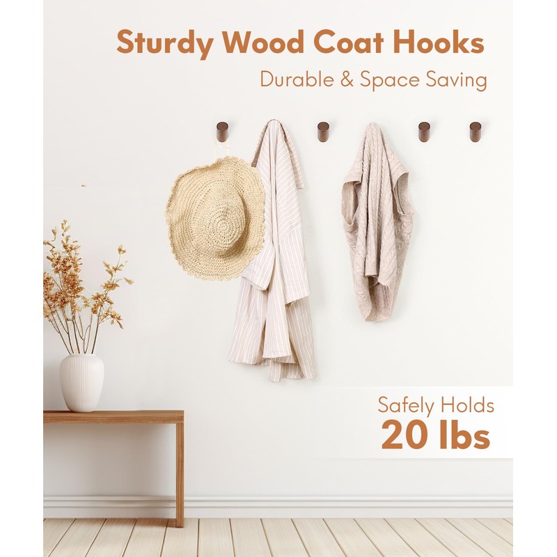 Optish Wood Wall Hooks for Hanging, 4 Pack Hat Hooks