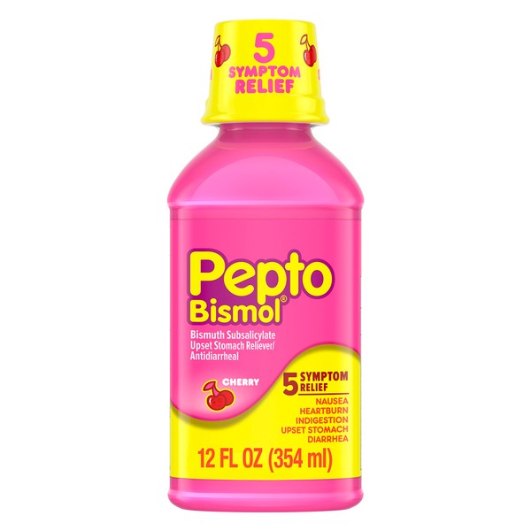 Pepto-Bismol Cherry Liquid 5 Symptom Relief including Upset Stomach & Diarrhea 12 Oz (Pack of 3) (OLD)