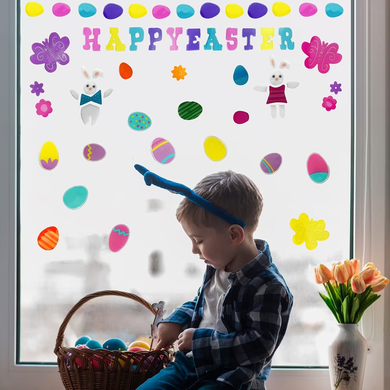 Easter Window Stickers, 4 Sheets 44Pcs Happy Easter Stickers, Easter