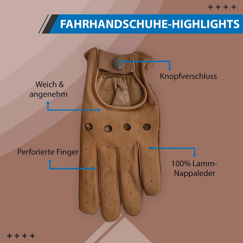 German Wear, Men's Driving Leather Driving Gloves (Caramel, 10=XL)