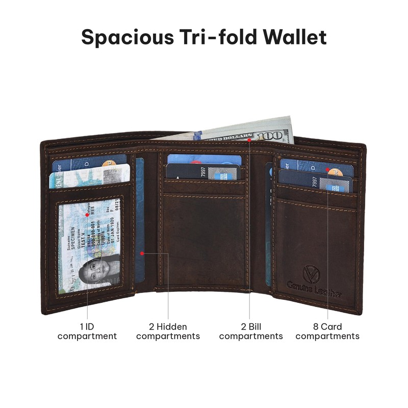 VALENCHI Leather Trifold Wallet For Men - RFID Blocking -