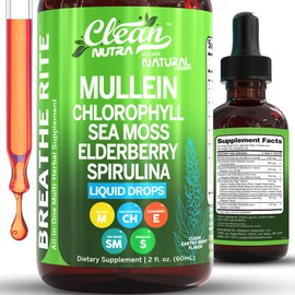 Clean Nutra Mullein Drops for Lungs Organic Chlorophyll Liquid Irish Sea Moss, Spirulina, Licorice, Tart Cherry Lobelia, Motherwort & Elderberry Mullein Leaf Extract Tincture Men Women Supplement