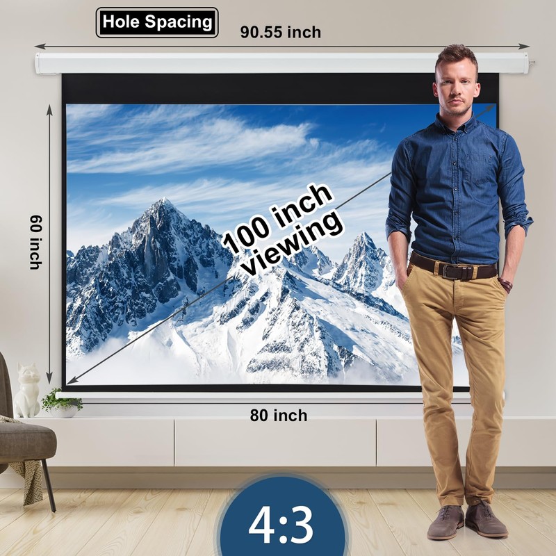 YODOLLA 100" Projector Screen Motorized 4:3, 4K HD Pull Down