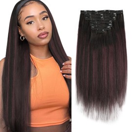 ABH AMAZINGBEAUTY HAIR Yaki Straight Human Hair Clip in Extensions Human Hair Real Remy Hair Rooted Black Piano Natural Black #1B Mixed With Cherry Wine #99J Two Tone Yaki Clip ins 14 Inch 120G 7 Pcs