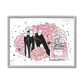 Stupell Industries Glam Pink Peonies Black Fashion Bow Heels, Design by Martina Pavlova Grey Framed Wall Art, 11 x 14, White