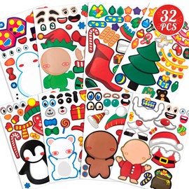 Mocoosy 32PCS Christmas Make a Face Sticker Sheets for Kids, Make Your Own Christmas Characters Stickers, Xmas Stickers with Elf, Santa, Snowman, Penguin and More Christmas Party Favor Craft Supplies