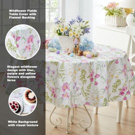 Newbridge Easter Wildflower Fields Floral Vinyl Flannel Backed Tablecloth, 70 Inch Round, Pink and Purple Wild Flowers Easy Care Vinyl Tablecloth with Flannel Backing for Holiday Party