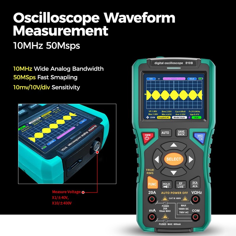 Handheld Oscilloscope Automatic Multimeter: 10MHz Bandwidth and 50MSa/s Sampling Rate