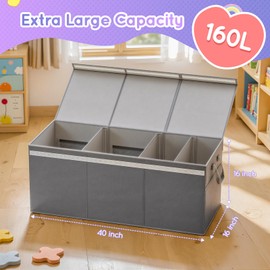 Lewondr Extra Large Toy Chest Storage Bin with Lids, Collapsible Sturdy Toy Chest Storage Box for Boys, Girls, 3 Removable Dividers for Living Room, Playroom, Nursery, Bedroom, 40"*16"*16", Grey