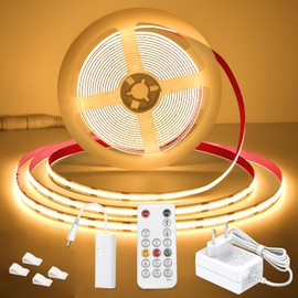 wobsion wobsion 5M LED strip warm white? with power supply and RF remote control, CRI92 COB tape for home, 3 mm diameter stripe light with 320 LEDs/M, flexible bright 24 V DIY light strip 3000 K, strip suitable for indoor use