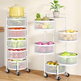 SAYZH Fruit Vegetable Basket for Kitchen, Rotating Storage Rack, 5 Tier Rolling Cart with top lid, Large Metal Wire Wheels (White)