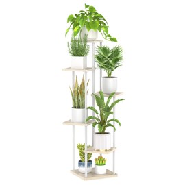 Oppro 6 Tier Plant Stand Indoor Outdoor , Metal Wood Tiered Corner Plant Stands Pot Holder, Wood Flower Shelf Orchid Display Rack for Living Room Bedroom Balcony Garden Patio, White