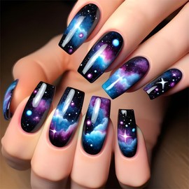 Colorful Starry Sky Clouds False Nails Long Square Press on Nails Glossy Gradient Acrylic Fake Nails Artificial Glue on Nails for Women Girls