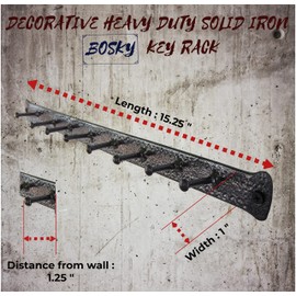 BOSKY Decorative Wall Mounted Key Rack with 8 Hooks – Rustic Handmade Engraved Iron Hanger Vintage Organizer for Keys Clothes Hats ~ (15", Antique Silver)