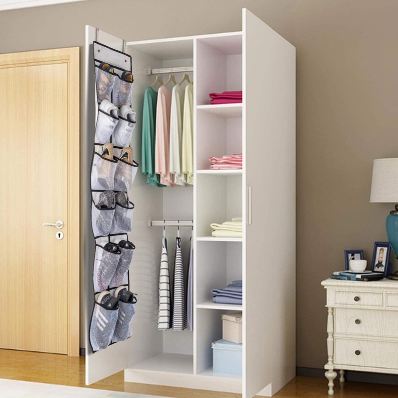 Extra Large Hanging Shoe Storage Organizer, 12 Grey Mesh Pockets