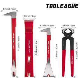 TOOLEAGUE 4 Pcs Pry Bar Set, 12" & 8" Cats Paw Nail Puller,10" Flat Claw Pry Bar,8-inch End Cutting Plier,Utility Wonder Crowbar,Woodworking Tools for Prying, Scraping, Lifting, Pulling