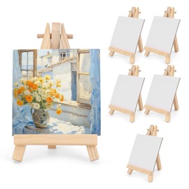 3 Inch Mini Canvas 5 Inch Mini Easel, 6 Pcs Small Painting Canvas with 6 Pcs Mini Easel, for Painting, Crafts, Photos etc