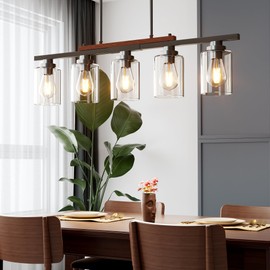 5-Light Kitchen Island Light, 33.4" Island Lighting with Black Metal & Wood, Dining Room Light Fixture for Kitchen Island, Adjustable Height (Bulbs Not Included)