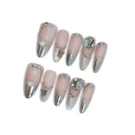 hantyer Uñas Francesas Con Punta Plateada Y Kit De Herramientas, Uñas Largas Brillantes Estilo Stiletto En Nude, Uñas Postizas Con Diseño Vintage De Cristales 3D, Uñas Reutilizables Con Glamour Del Vi