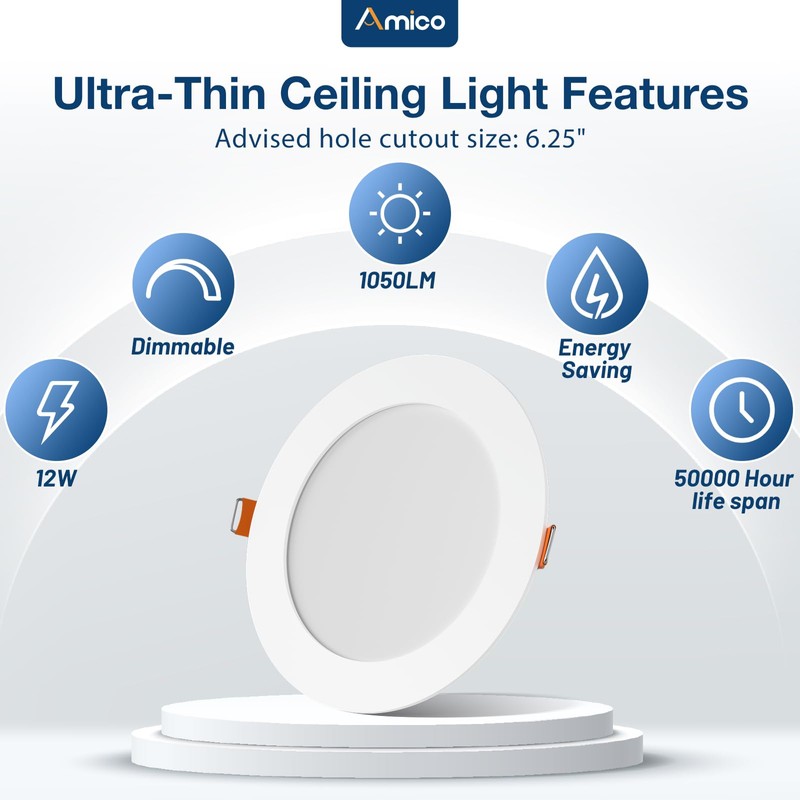 Amico 12 Pack 6 Inch 5CCT Ultra-Thin LED Recessed Ceiling