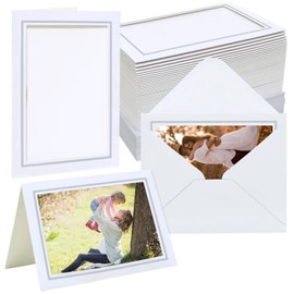 100 Pack Photo Frame Cards with Envelopes 4x6 Paper Picture Frame Bulk Blank Photo Insert Cards for Wedding,Graduation,Mother's Day, Classroom DIY - White with Silver Trim