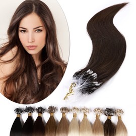 SEGO Micro Loop Hair Extensions 16 Inch 50g 100% Human Hair Balayage Micro Beads Fish Line I Tip Pre-bonded Extensions Seamless Loop Hand Tied Hair for Women -Medium Brown