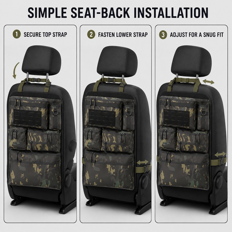 Black Polyester Car Seat Back Organizer with Multi-Pocket Hanging Storage