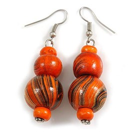 55mm Long/Orange/Gold/Black Colour Fusion Wood Bead Drop Earrings