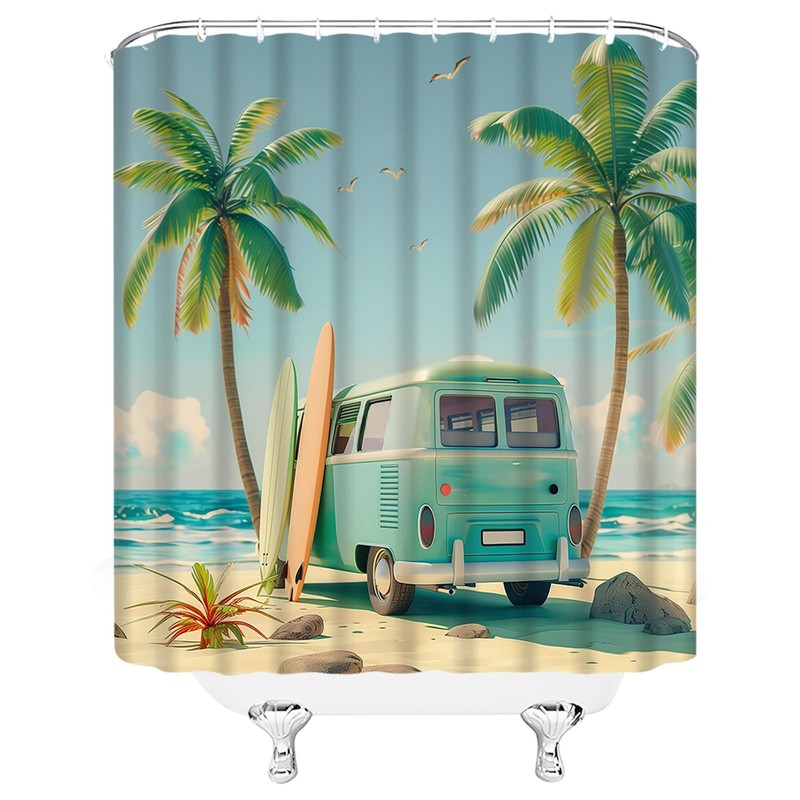 HYKHYK Tour Bus Shower Curtain Palm Tree Tropical Ocean Beach