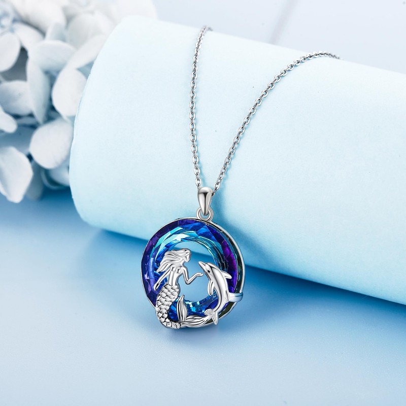 VENACOLY Mermaid Necklace S925 Sterling Silver Mermaid and Dolphin Necklace